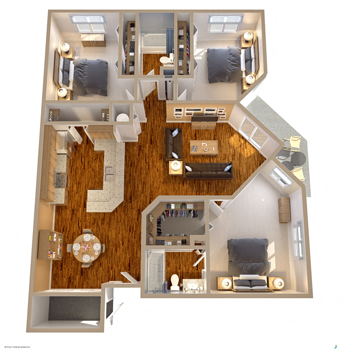 Floor plan for 3 beds, 2 baths, 1300 sqft